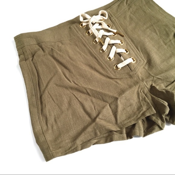 "Davna" Olive Linen Lace-Up High-waisted Shorts, M - Picture 6 of 6